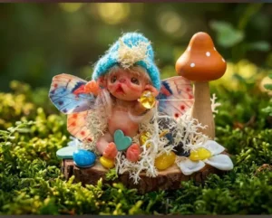 Por encargo 7 Hada miniatura de arcilla polimérica con gorrito azul sentada en un diorama de bosque con musgo y hongo amanita.