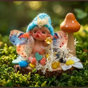 Novedades 6 Hada miniatura de arcilla polimérica con gorrito azul sentada en un diorama de bosque con musgo y hongo amanita.