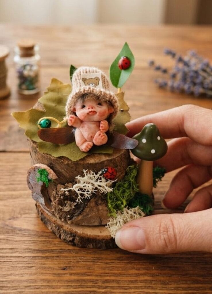 Escultura miniatura OOAK de hada bebé Matilde hecha a mano descansando sobre tronco de madera
